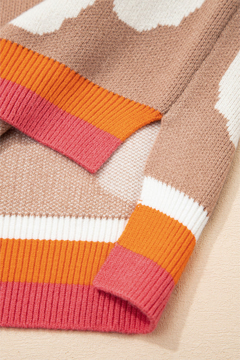 Big Daisy Jacquard Contrast Stripe Trim Baggy Sweater